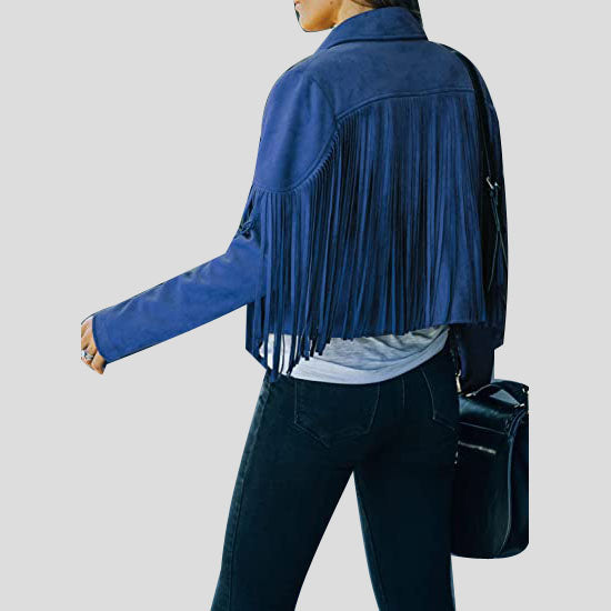 Women's Blue Suede Tassel Lapel Cropped Motorcycle Jacket