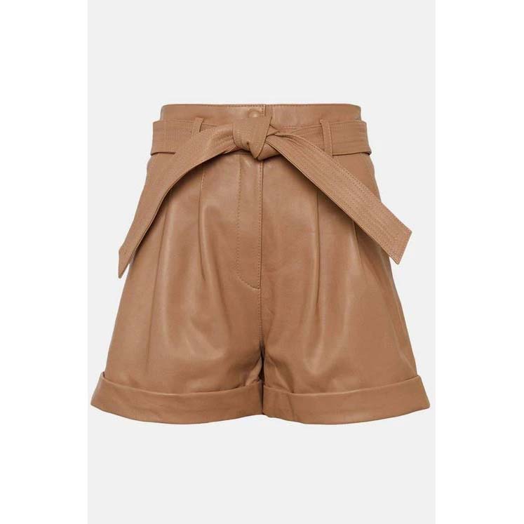 Women's Brown High-Waist Belted Leather Shorts