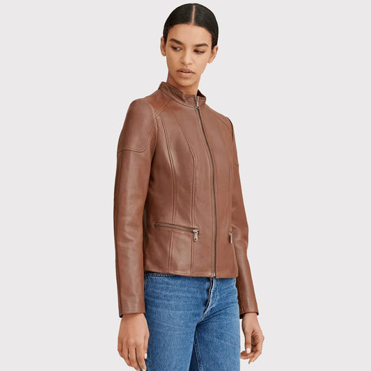 Women's Brown Leather Biker Jacket with Crew Neck