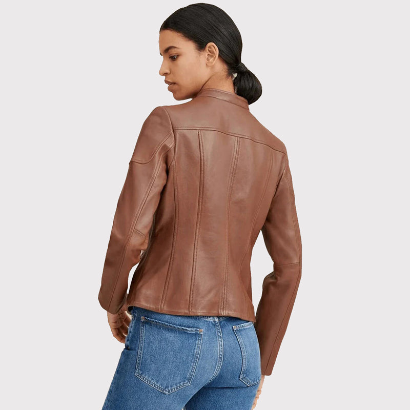 Women's Brown Leather Biker Jacket with Crew Neck