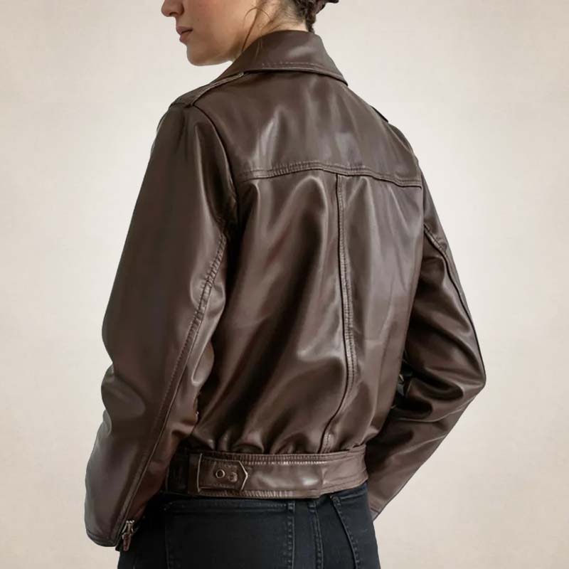 Women's Brown Leather Moto Biker Jacket Stylish Outerwear