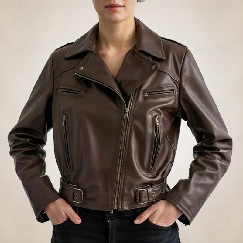 Women's Brown Leather Moto Biker Jacket Stylish Outerwear