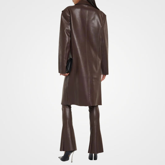 Women's Brown Leather Overcoat - Single Breasted Coat