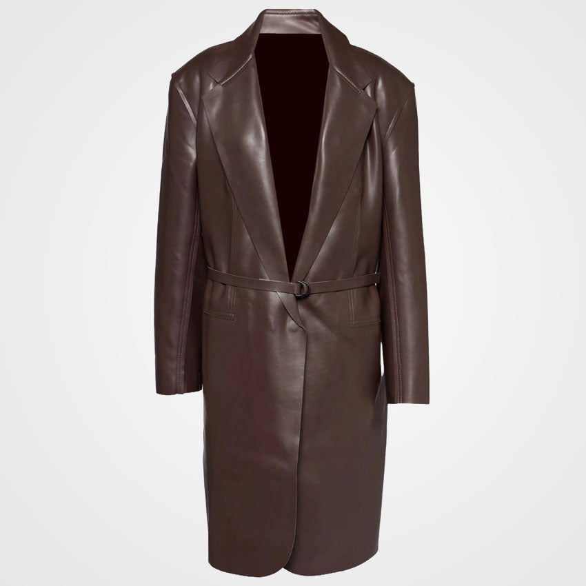 Women's Brown Leather Overcoat - Single Breasted Coat