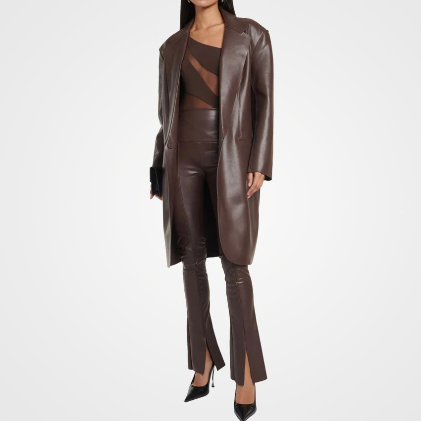 Women's Brown Leather Overcoat - Single Breasted Coat