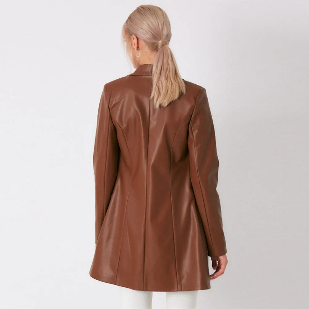 Brown Lambskin Leather Long Coat for Women