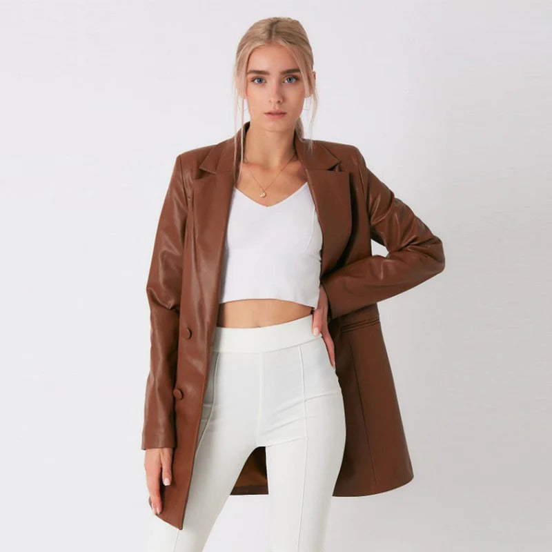 Brown Lambskin Leather Long Coat for Women