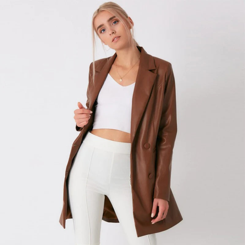 Brown Lambskin Leather Long Coat for Women