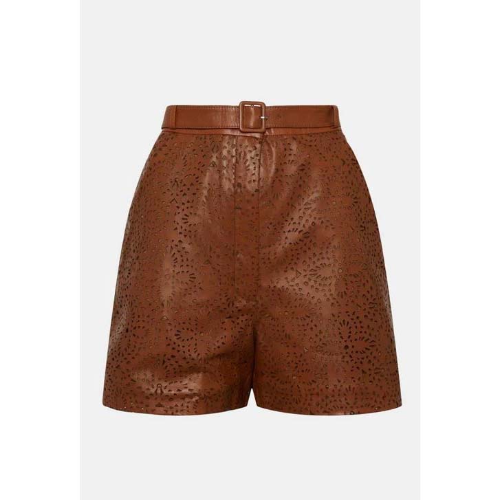 Women's Brown Patterned High-Waist Leather Shorts