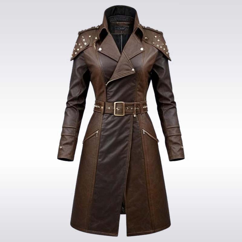 Women's Brown Studded Faux Leather Trench Coat Jackets Kingdom