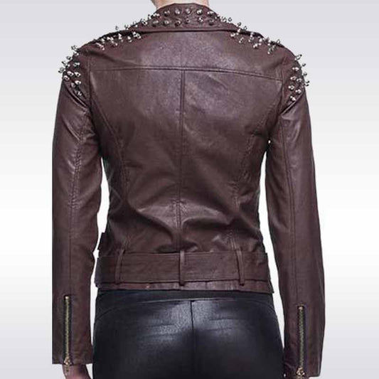 Brown leather jacket with studded details