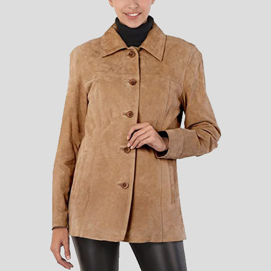 Women's Brown Suede Leather Car Coat