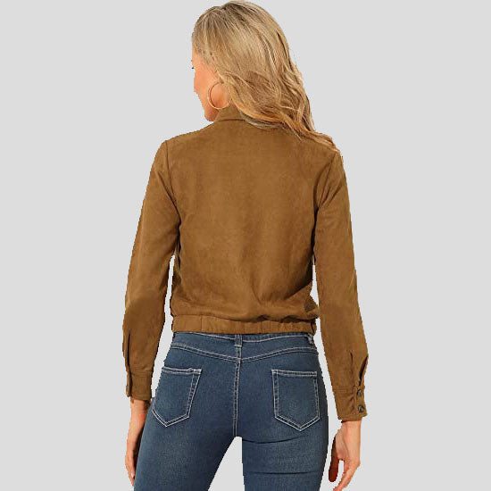 Brown Suede Point Collar Button Down Cropped Moto Biker Jacket for Women