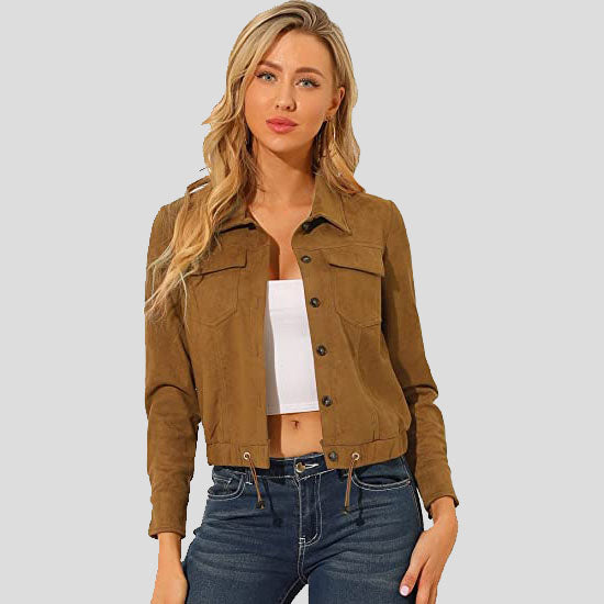 Brown Suede Point Collar Button Down Cropped Moto Biker Jacket for Women