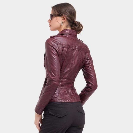 Premium burgundy leather coat featuring structured collar and decorative chest pockets