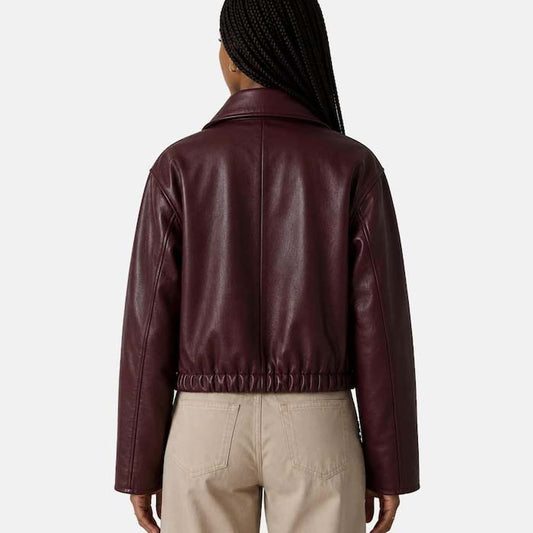 Burgundy wine-colored oversized leather jacket with zipper closure