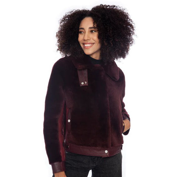 Women's Burgundy Short Shearling Jacket