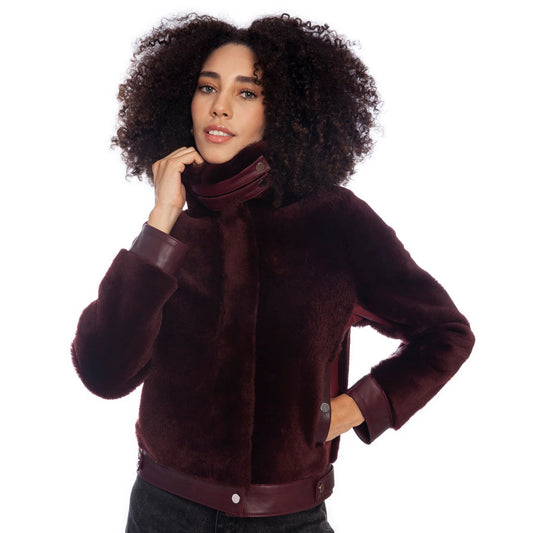 Women's Burgundy Shearling Jacket - Short Style