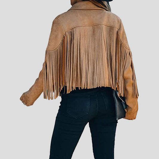 Women's Camel Chic Cropped Tassel Fringe Suede Moto Jacket
