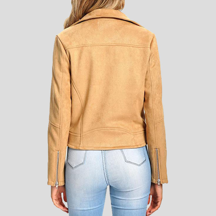 Women's Camel Suede Leather Motorcycle Biker Jacket