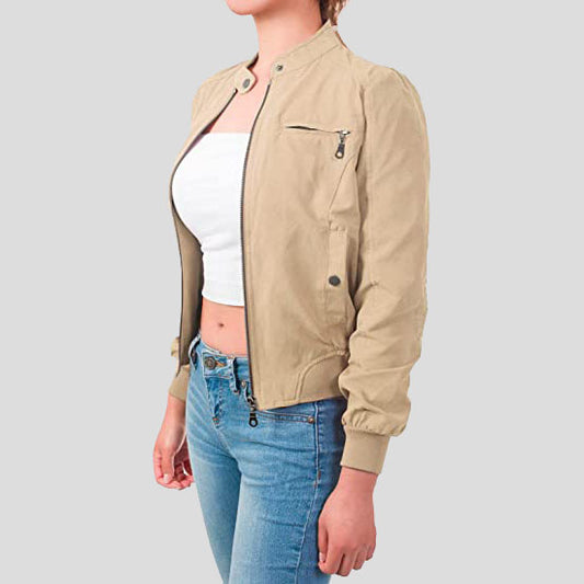 Casual Suede Ribbed Hem Zip Up Bomber Jacket for Women