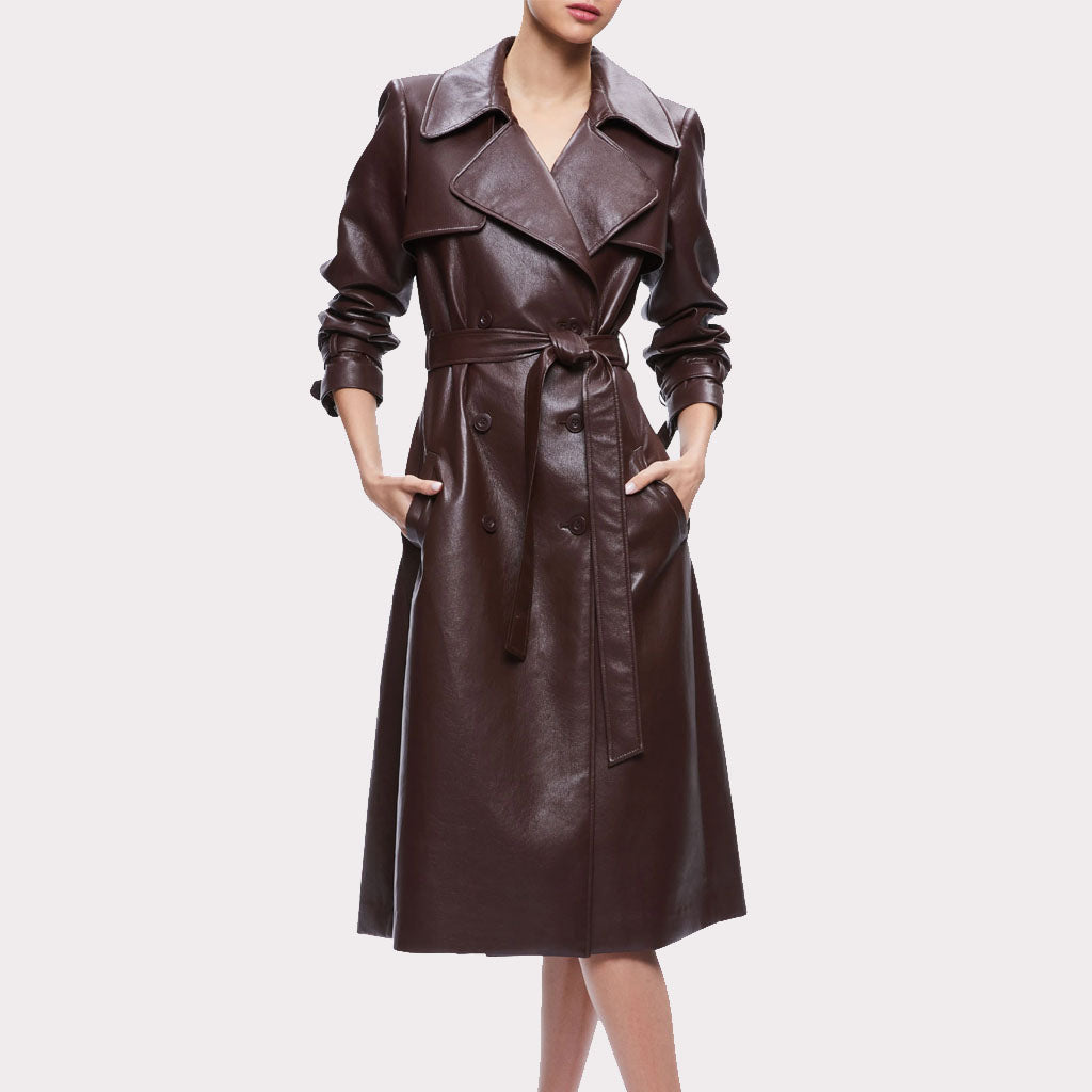 Women's Chocolate Brown Leather Trench Coat