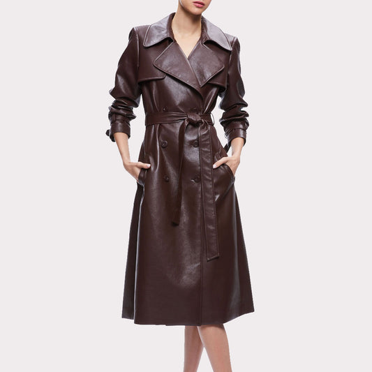 Fall 2023 Women's Chocolate Brown Leather Trench Coat Women's Chocolate Brown Leather Trench Coat