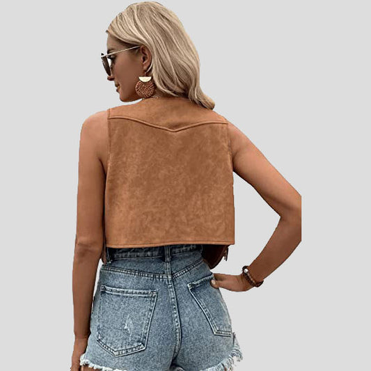 Women's Coffee Brown Suede Fringe Trim Sleeveless Crop Vest