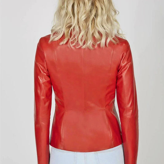 Women's Collarless Red Leather Blazer Jacket