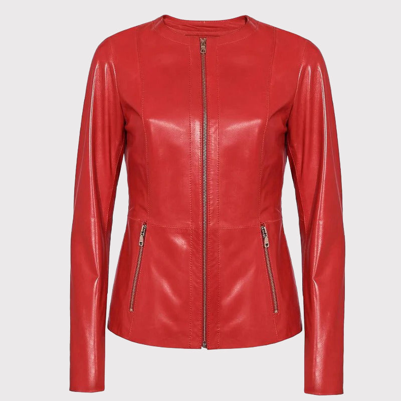 Women's Collarless Red Leather Blazer Jacket