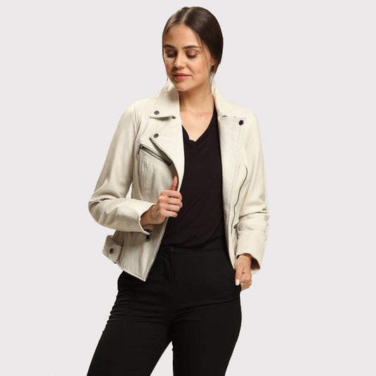 Women's Cream Lambskin Jacket with Multi-Stitched Sleeves