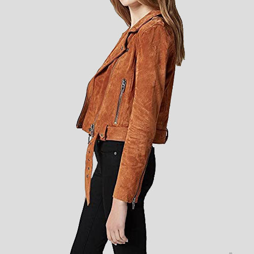 Women's Cropped Suede Leather Motorcycle Jacket