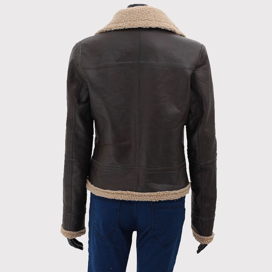 Chic Dark Brown Leather Shearling Bomber Jacket for Women