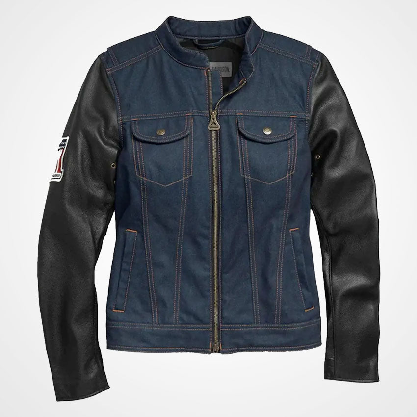 Women’s Navy Denim Jacket with Leather Sleeves