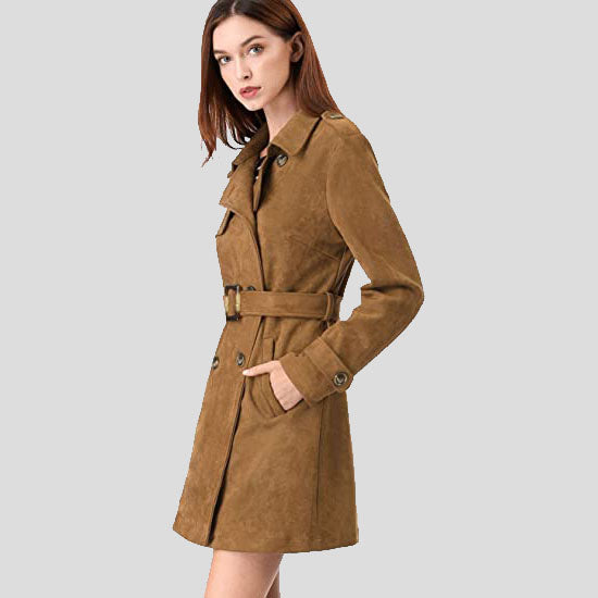 Double Breasted Suede Trench Coat Jacket with Belt for Women