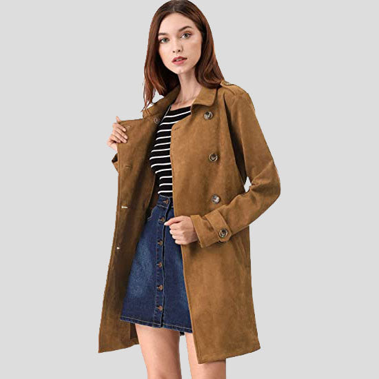 Women's Double Breasted Suede Trench Coat Jacket with Belt