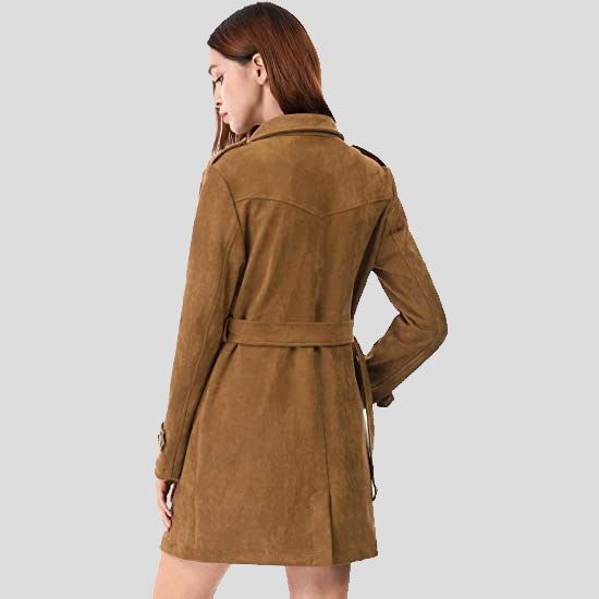 Women's Double Breasted Suede Trench Coat Jacket with Belt