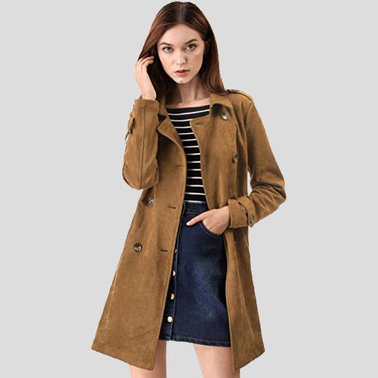 Double Breasted Suede Trench Coat Jacket with Belt for Women