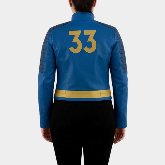 Premium leather gaming costume jacket featuring rich blue body with gold detailing and "33" emblem