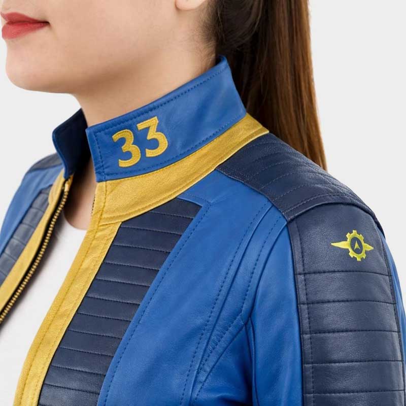 Fallout 33 blue leather jacket with gold accents, open front closure and soft breathable lining