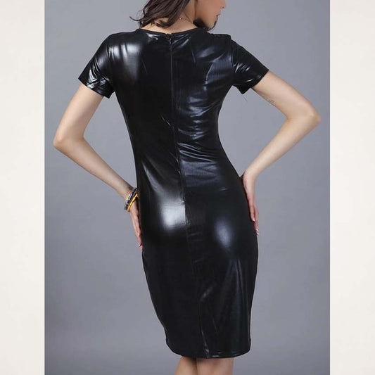 Women's Genuine Black Leather Party Mini Dress