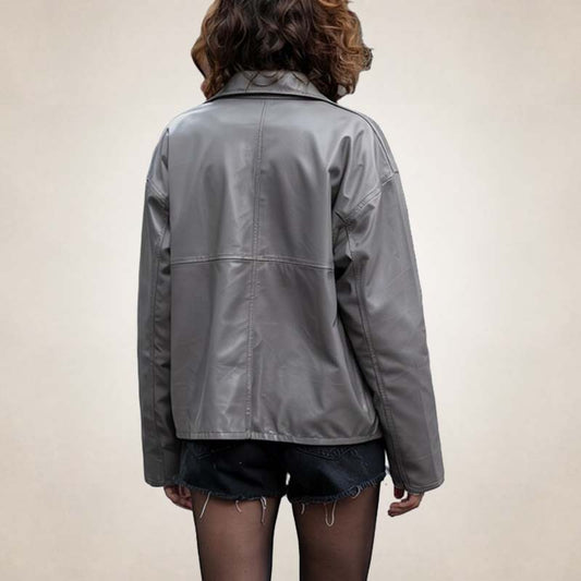 women's gray leather bomber jacket