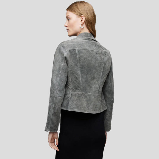 Women's Gray Suede Leather Biker Jacket