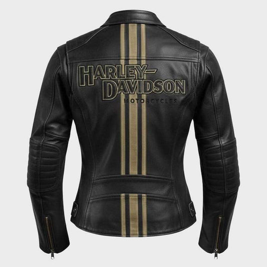 Back view of Women's Harley Davidson Triple Vent Genuine Cowhide Leather Biker Jacket showing handcrafted stitching and silhouette design by Jackets Kingdom