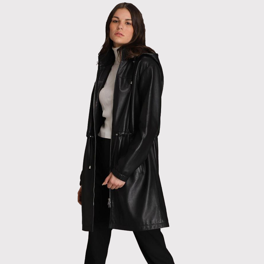 Women's Hooded Black Lamb Leather Coat