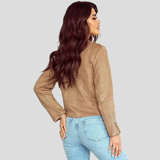 Women's Khaki Suede Moto Biker Short Coat Jacket