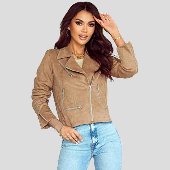 Women's Khaki Suede Moto Biker Jacket | Short Coat, Stylish Design