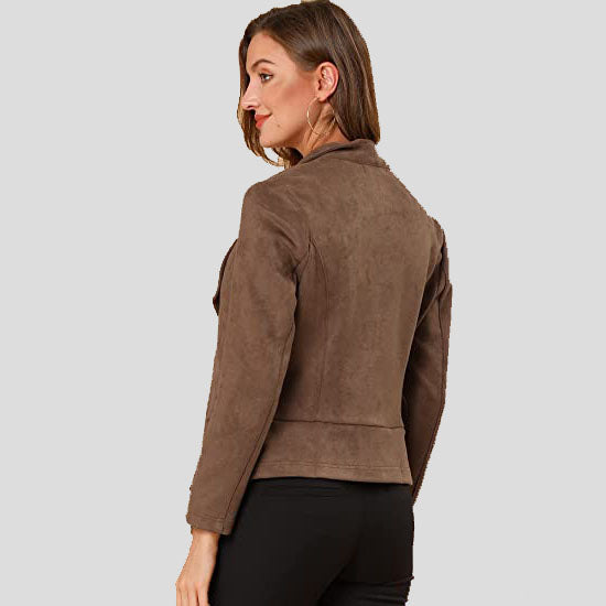 Women's Light Brown Suede Open Front Lapel Jacket