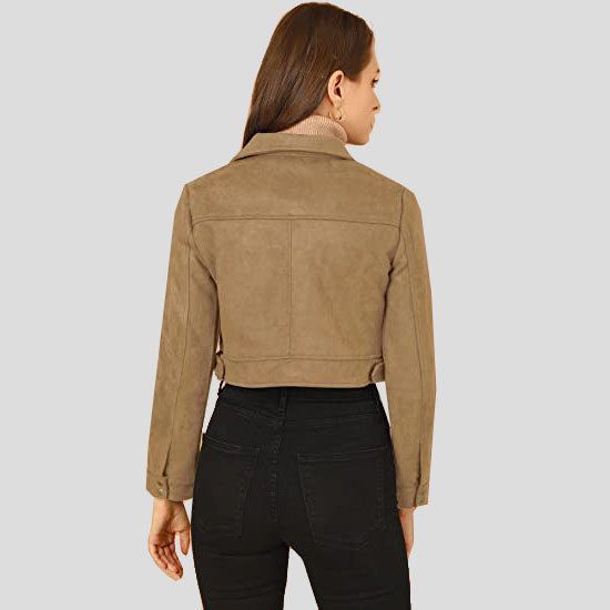 Women's Light Khaki Suede Leather Crop Moto Biker Jacket