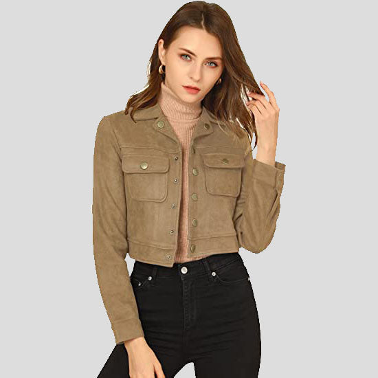 Women's Light Khaki Suede Leather Crop Moto Biker Jacket